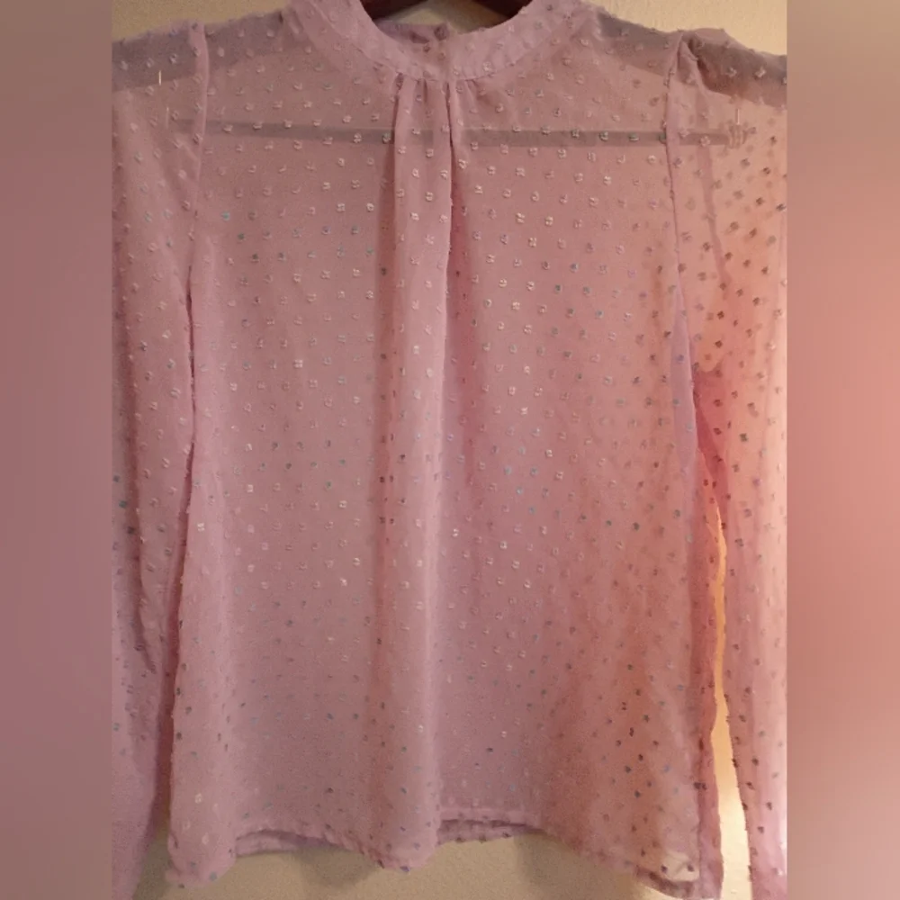Pink Sheer Chiffon Clip Dot Mock Neck Long Sleeve Blouse - Picture 4 of 13